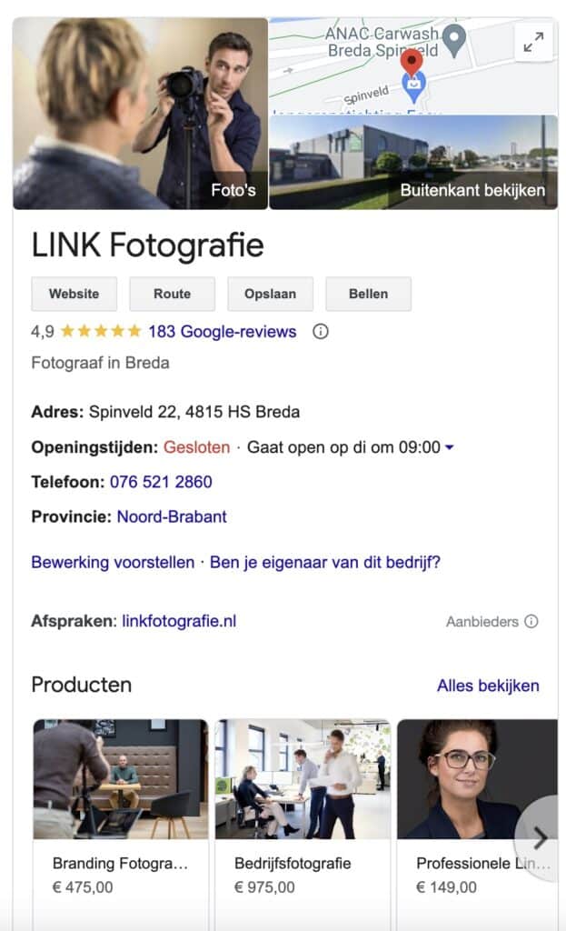 Google Mijn Bedrijf profiel van LINK Fotografie